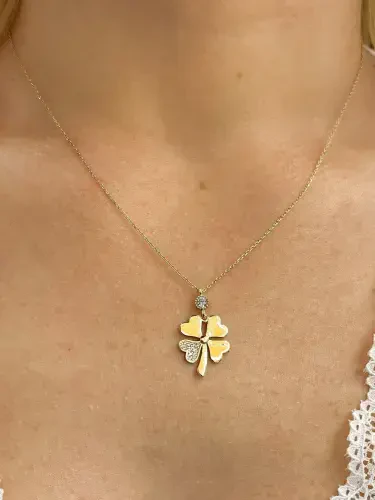 TAŞLI YONCA MODEL ALTIN KOLYE 14 AYAR KLY00748 - 2