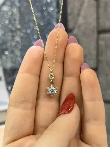 TEK TAŞ LOTUS ÇİÇEĞİ MODEL ALTIN KOLYE 14 AYAR KLY00658 - 1