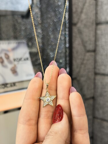 TEK TAŞLI YILDIZ MODEL ALTIN KOLYE 8 AYAR KLY00317 - 1
