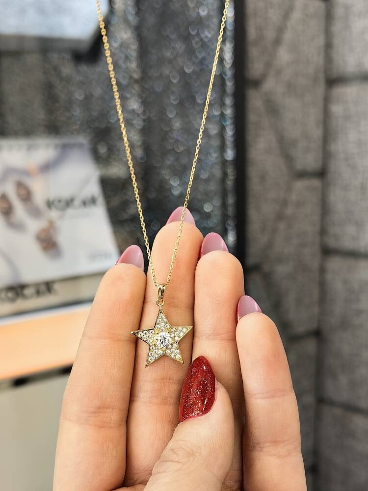 TEK TAŞLI YILDIZ MODEL ALTIN KOLYE 8 AYAR KLY00317 - 1