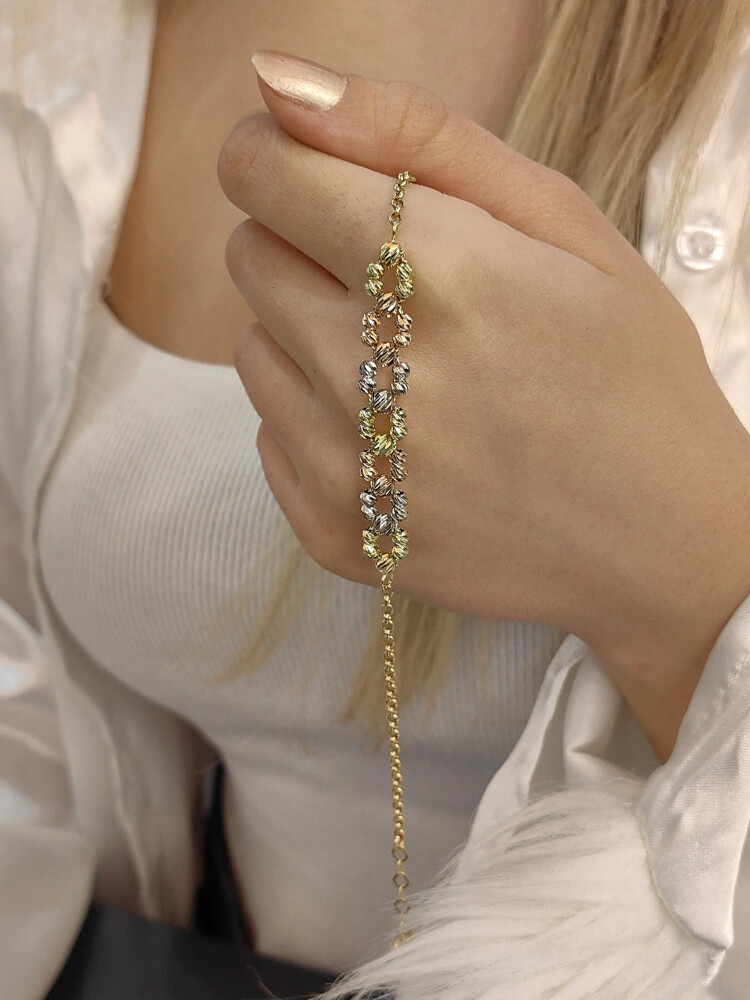 ÜÇ RENK DOÇ ZİNCİRLİ ÖRME 14 AYAR DORİKA ALTIN BİLEKLİK KNY01096 - Nasip Kuyumcu