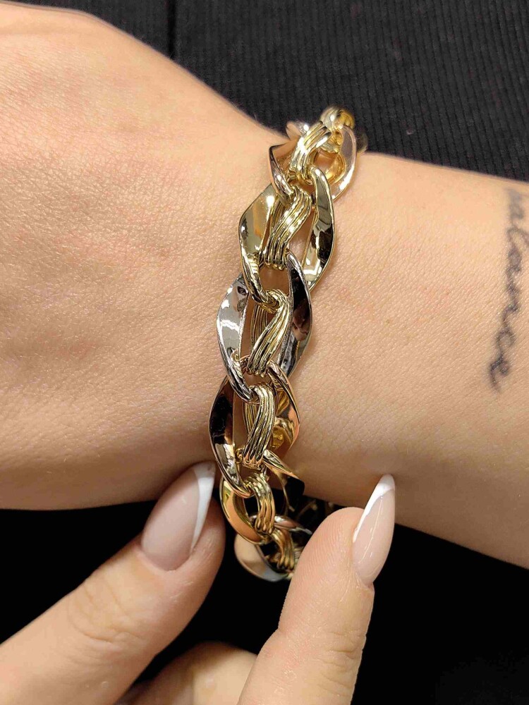 ÜÇ RENKLİ 14 AYAR ALTIN TARZ BİLEKLİK KNY02580 - 1