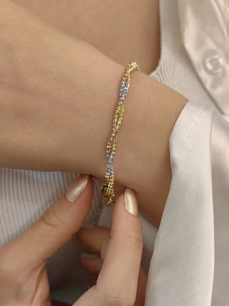 ÜÇ RENKLİ İKİLİ BURMA 14 AYAR DORİKA ALTIN BİLEKLİK KNY00785 - Nasip Kuyumcu